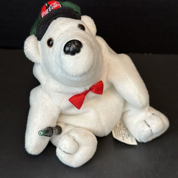 Coca Cola 1997 Bean Bag Polar Bear w/Cap/Bottle/Bow Tie Stuffed Animal Plush VTG - Picture 1 of 12